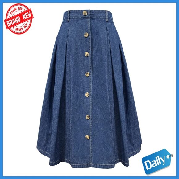 Dresses & Skirts - Pleated A-Line Midi Skirt with Elastic Waist and Pockets